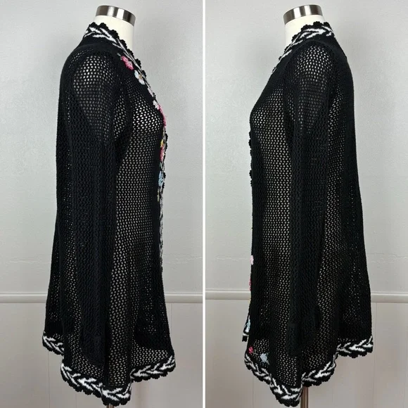 Storybook Knits Vintage Black Cardigan Size L Longline Beaded Floral Open Knit - Picture 8 of 17